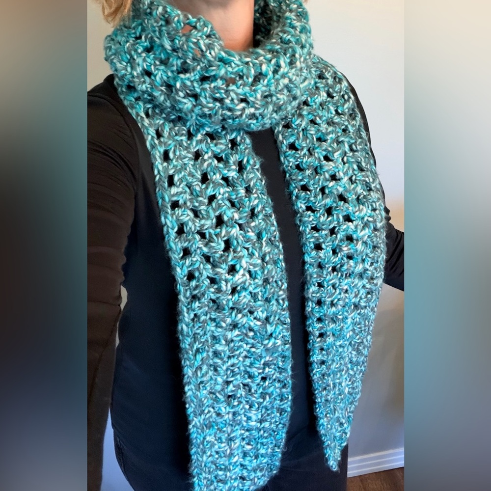 Bright Blue and Dark Grey Handmade Crochet Scarf